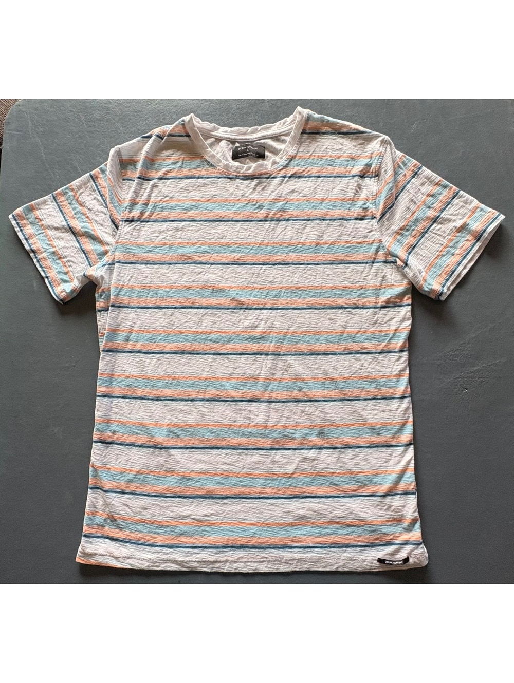 Ocean Current Men’s Large Striped T-Shirt Aqua Coral Gray Cotton Blend